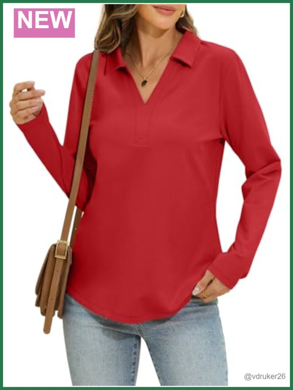 Womens Cotton Long Sleeve Polo Shirt Collared Loose Fit V Neck Top